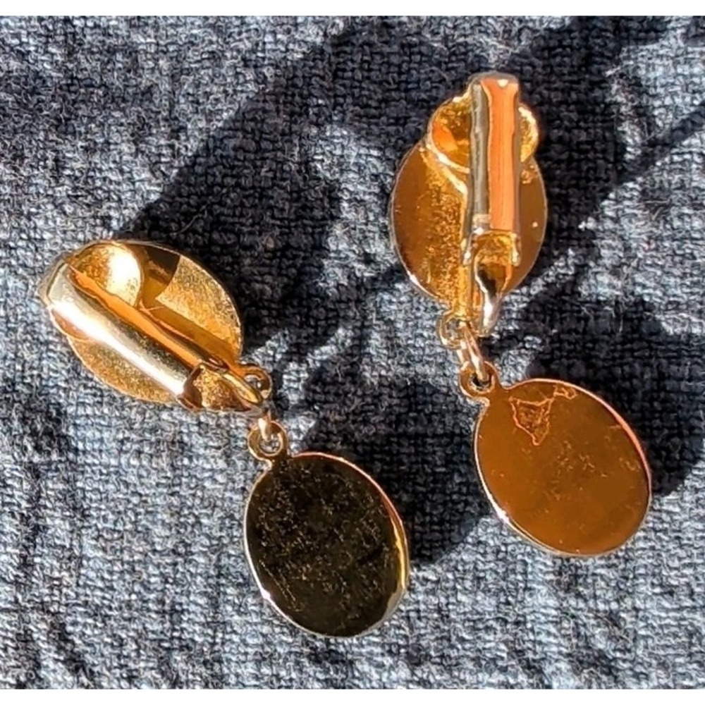 VTG Clip On! Faux Amber Dangle Earrings 3/4" Gold And Brown Dainty Boho - Picture 3 of 5